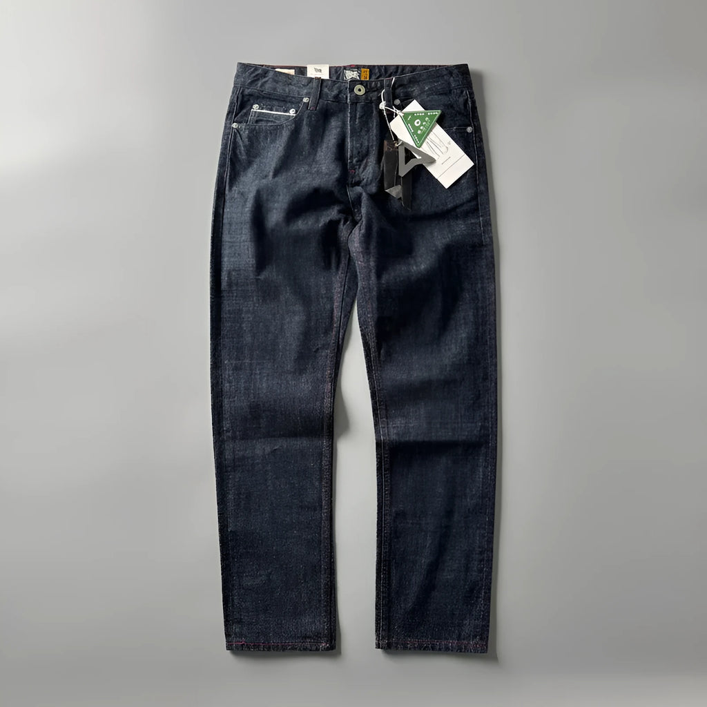 Men's straight-leg denim trousers in primary colour showing mid-waist design and traditional American retro styling