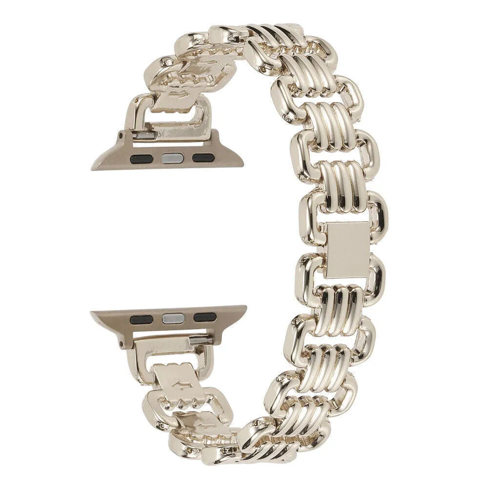 Silver alloy metal link bracelet for Apple Watch on a wrist.
