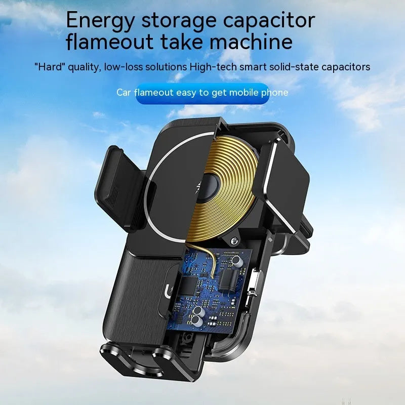 Black car wireless charging phone holder with 15W power and clip or suction cup mounting bracket