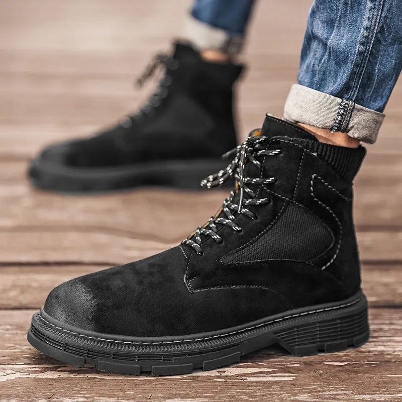 Men's vintage Martin boots in black, grey or sand colour with round toe and low thick heel