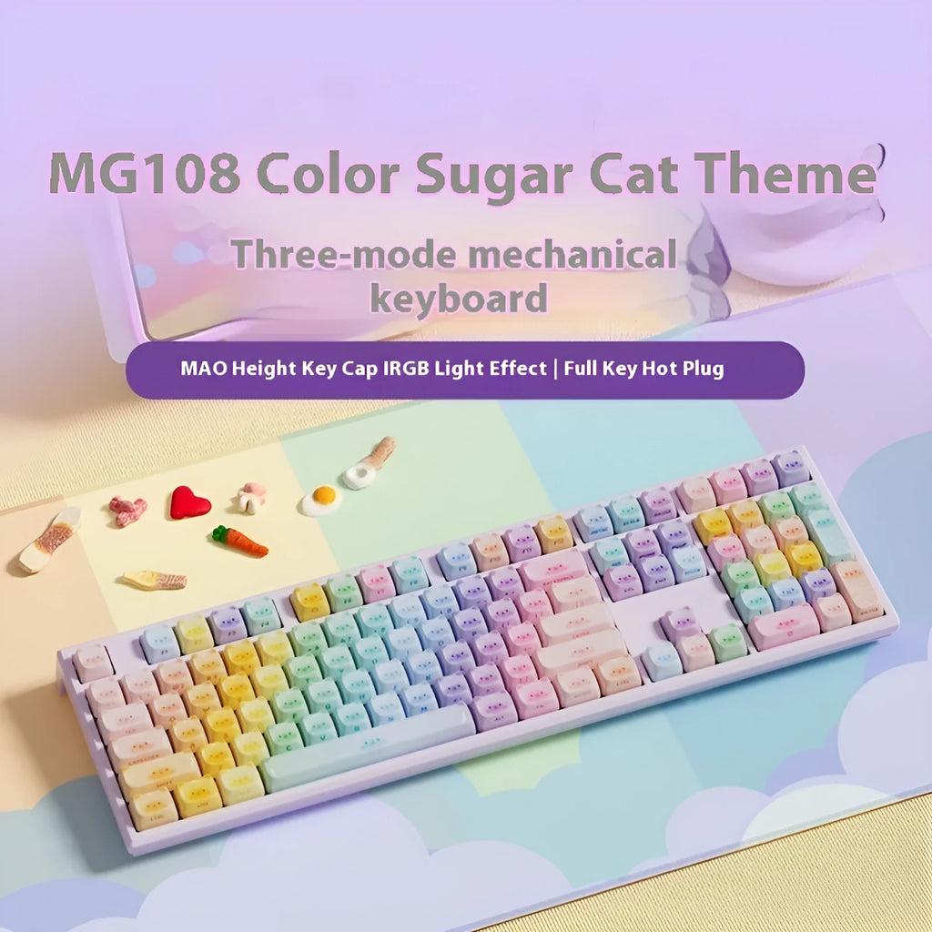 Coloured sugar cat mechanical keyboard with candy cat design and 108 keys