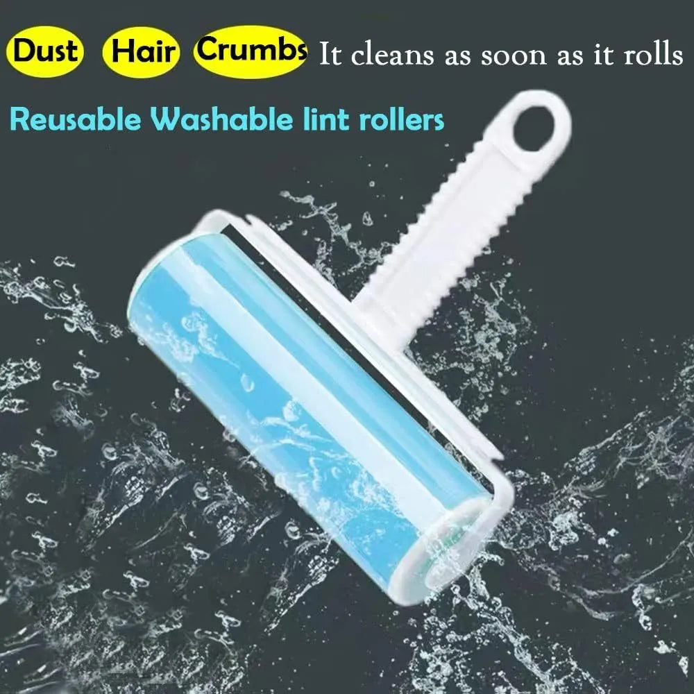Reusable lint roller with cover in blue, green, pink, and yellow colours for removing pet hair from clothes and sofas