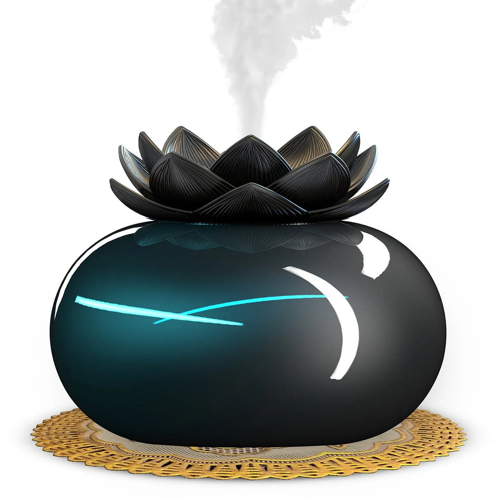 Pure black lotus-shaped USB humidifier with single fog outlet on round base