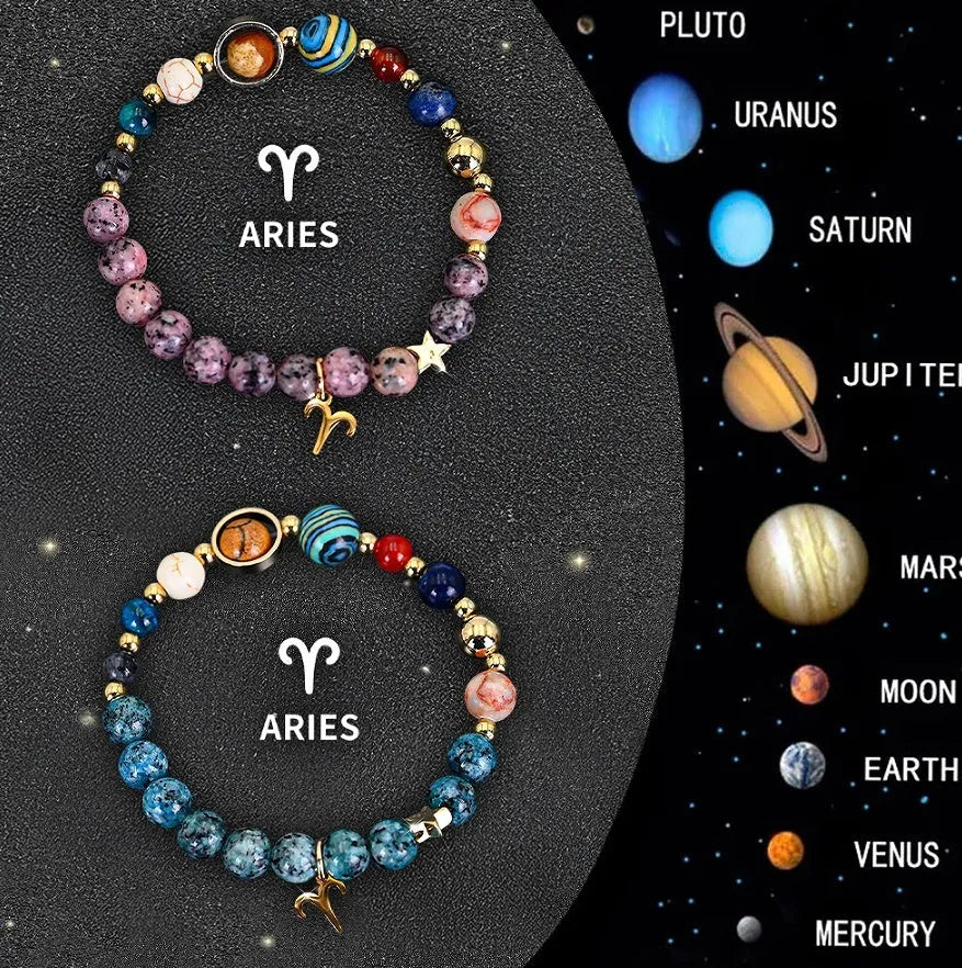 Natural stone zodiac beaded bracelet set showing twelve different sign designs with colourful crystal beads on adjustable cords