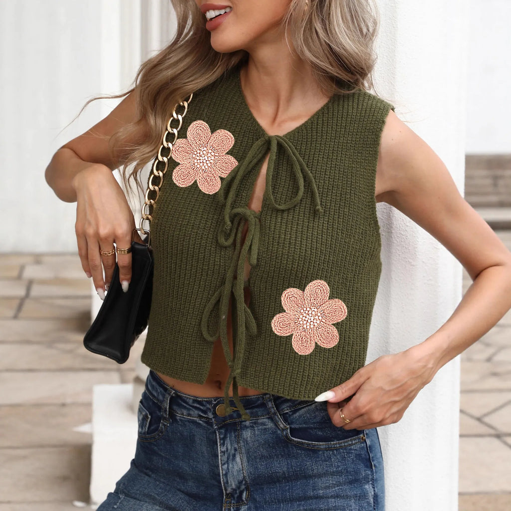 Women's cropped sleeveless vest coat with lace-up bow front in deer plush fabric