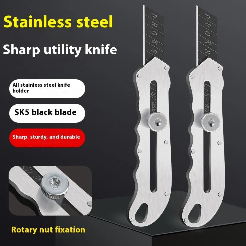 Stainless steel folding art knife with black blade and multiple replacement blades for craft cutting