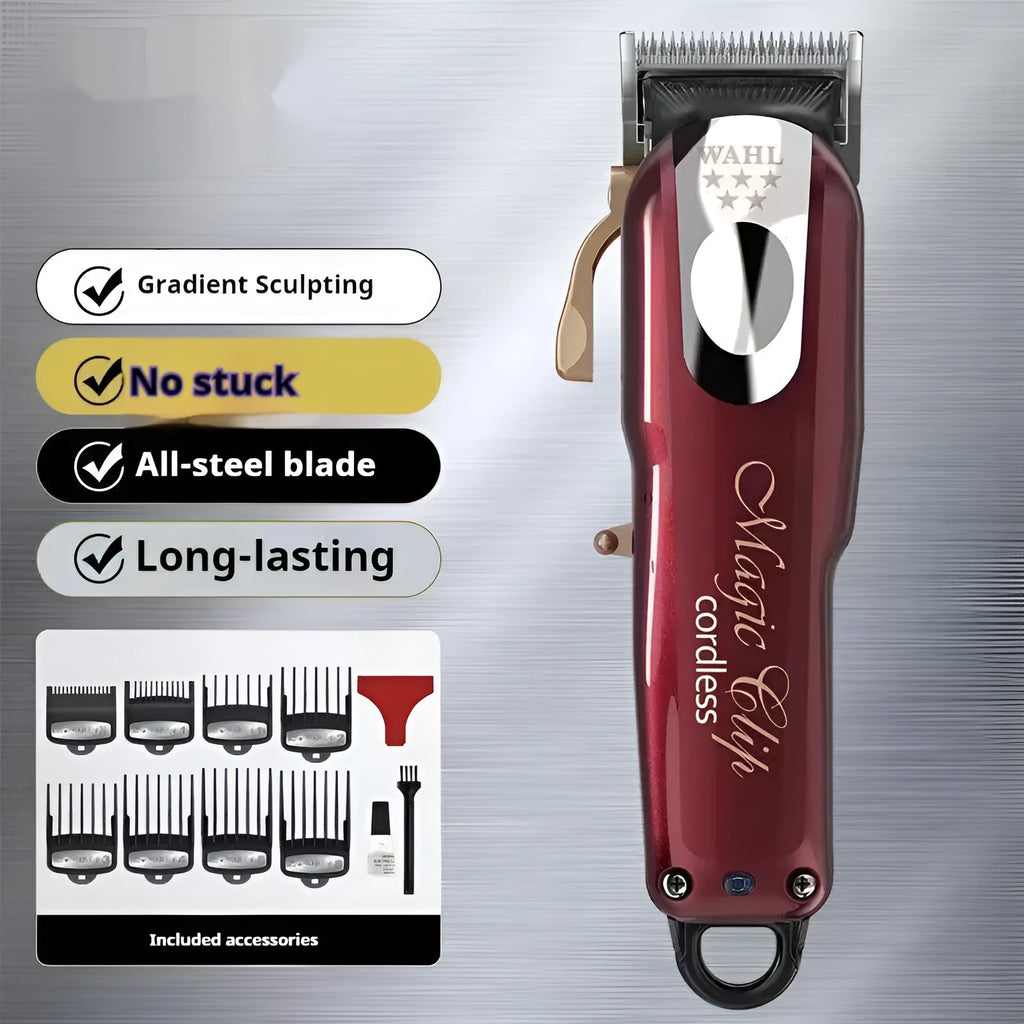 Cordless charging hair clipper set with stainless steel cutter head on a table.