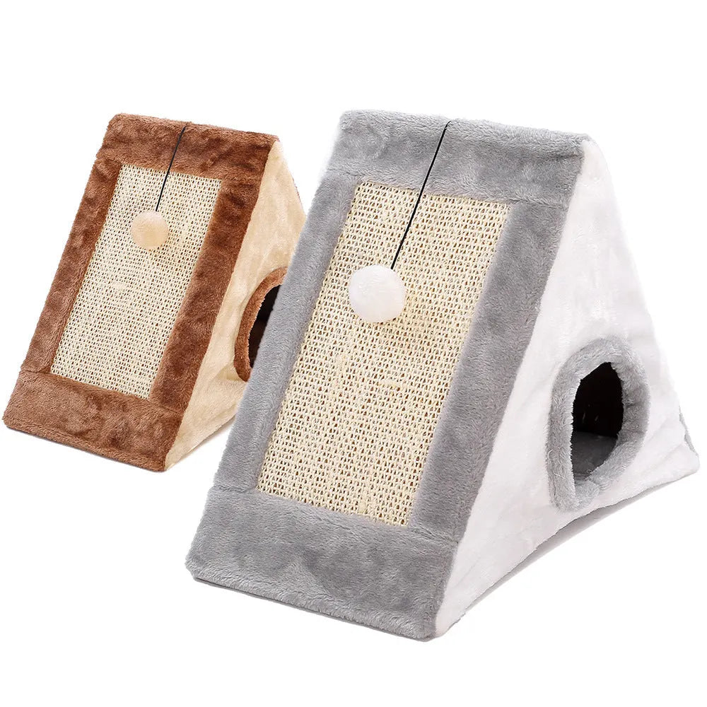 Grey and white triangle-shaped cat bed with sisal scratching side and plush sleeping area