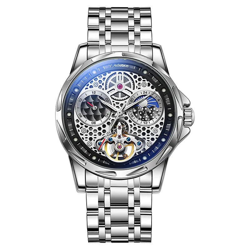 Men's black and silver automatic business watch with luminous hands on steel bracelet