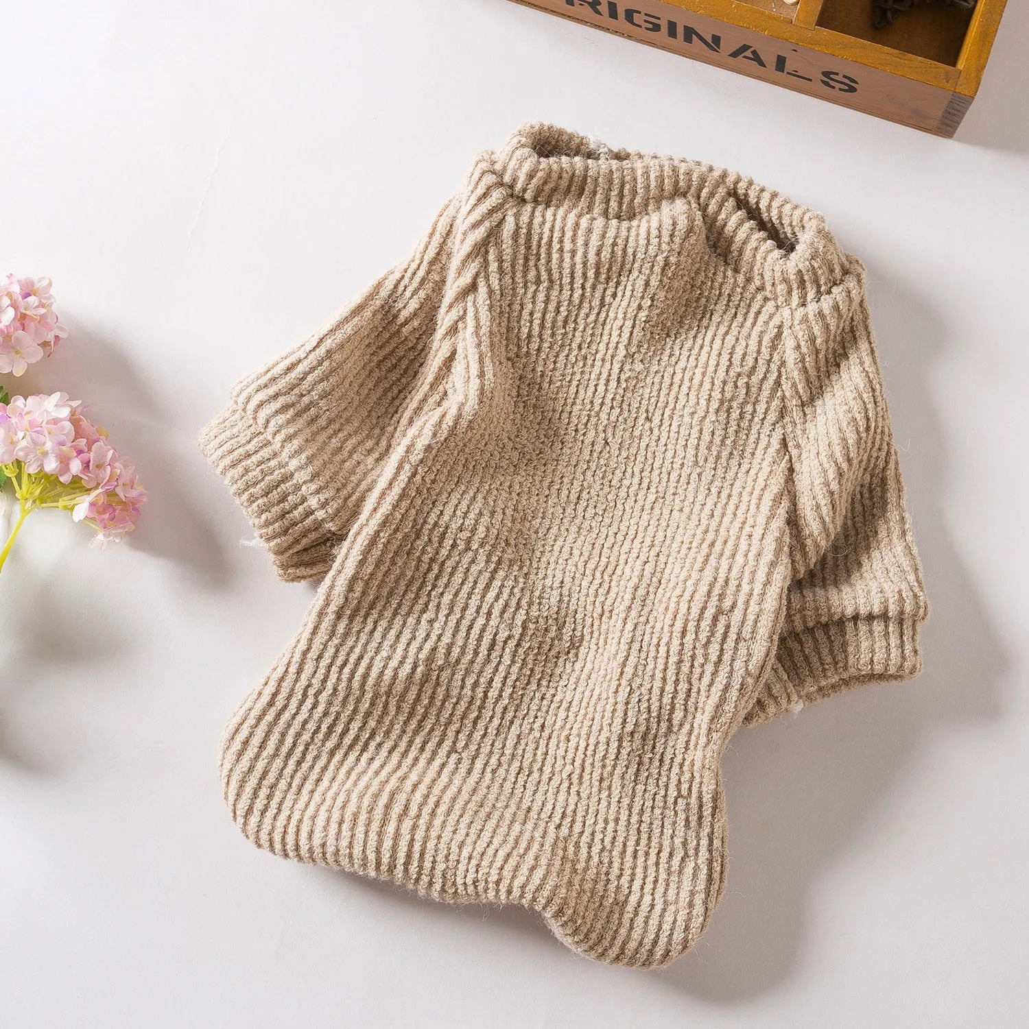 Brown cloth sweater pullover for small dog breeds on mannequin showing casual style pet clothing