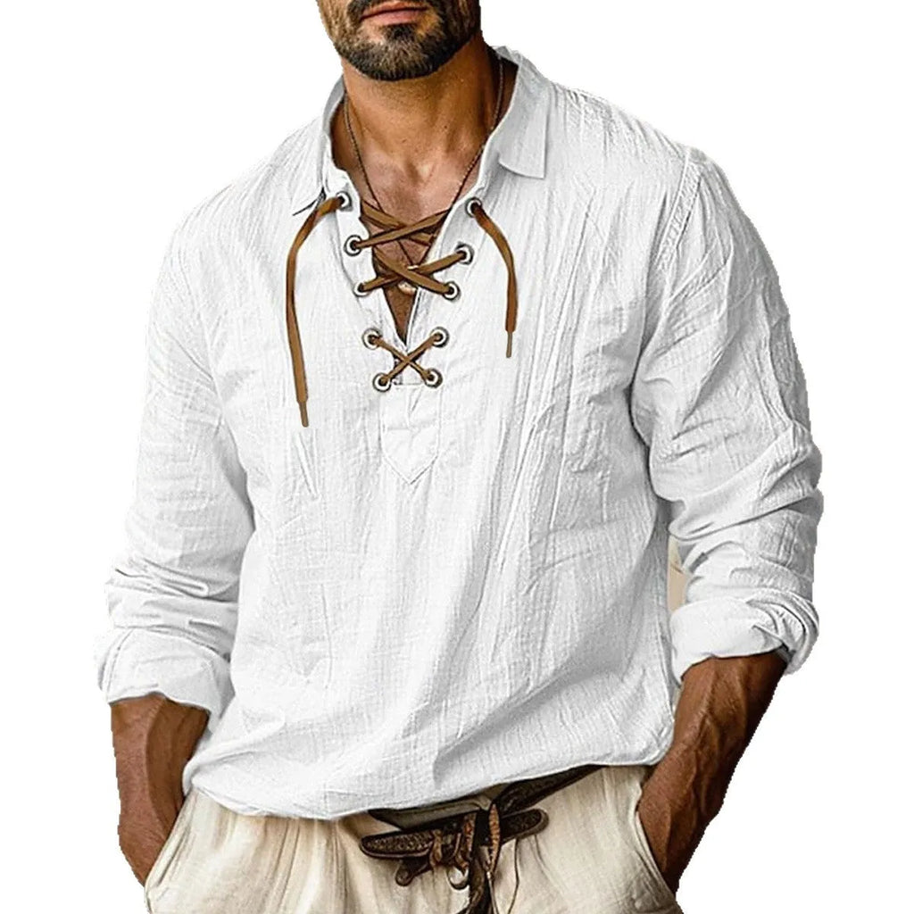 Men's loose fit long sleeve shirt with lapels and lace detail in a blue cotton-linen fabric.