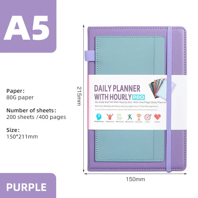 A5 undated notebook with PU cover in purple, open to show thread binding and wood-free paper.