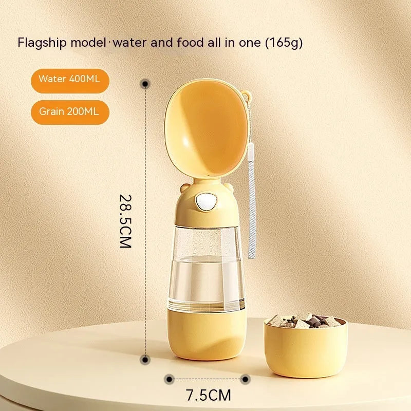 Portable dog water bottle and food container in yellow, pink, and brown colour options.