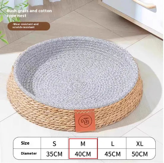 Circular rattan cat bed nest with woven sides, showing breathable construction for pet resting