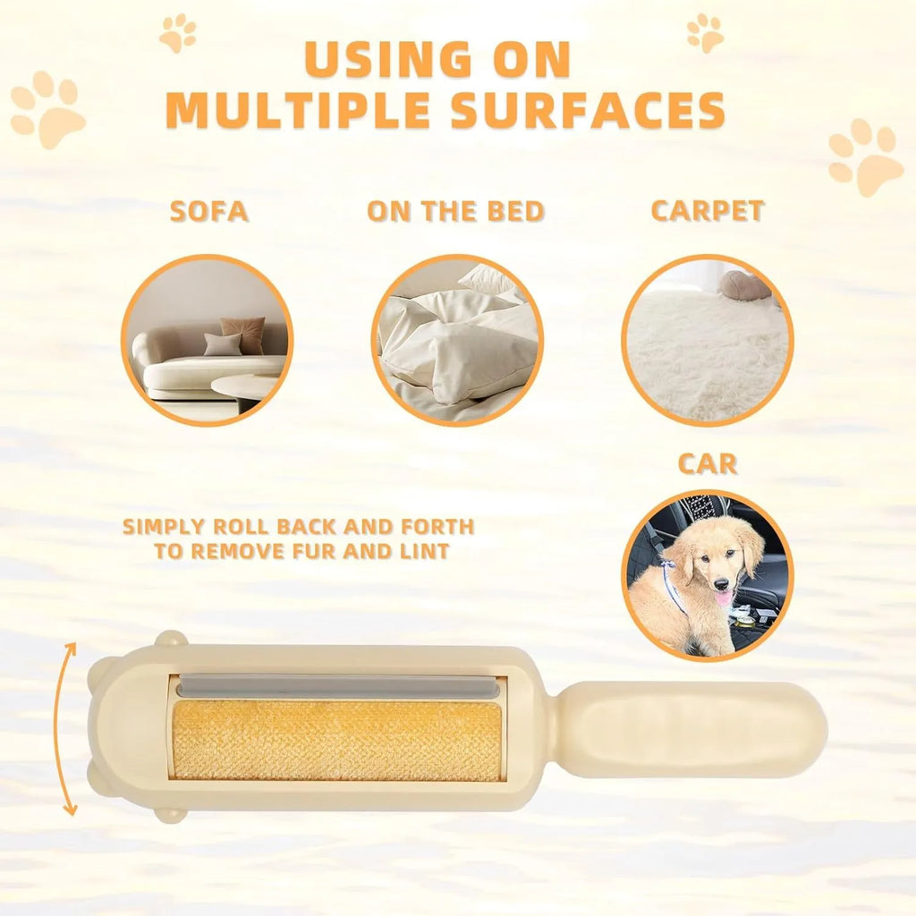 Blue reusable pet hair remover roller with a self-cleaning base on a fabric sofa.