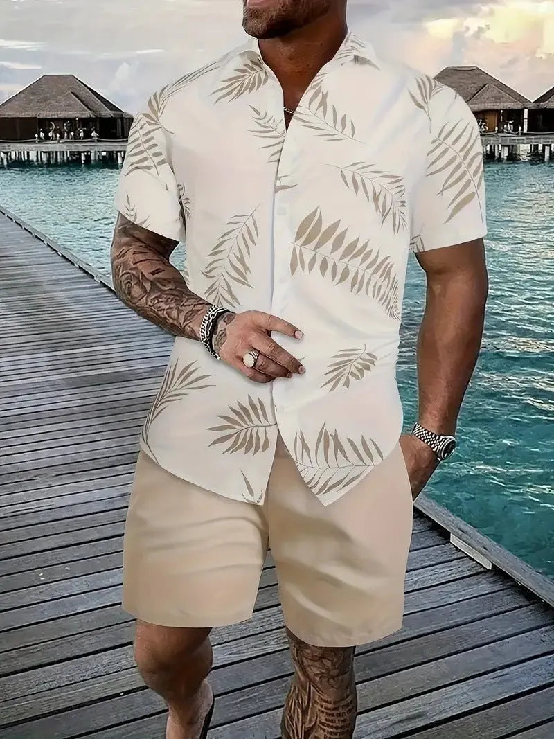 Man wearing a short sleeve Hawaiian print shirt and matching shorts, a casual polyester suit set.