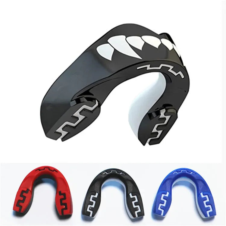 Adult boxing mouthguard with tooth socket-free design in black and white printed teeth pattern