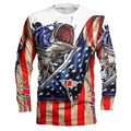 Men's grey pullover sweater with a detailed all-over fish print, featuring a round neck and long sleeves.