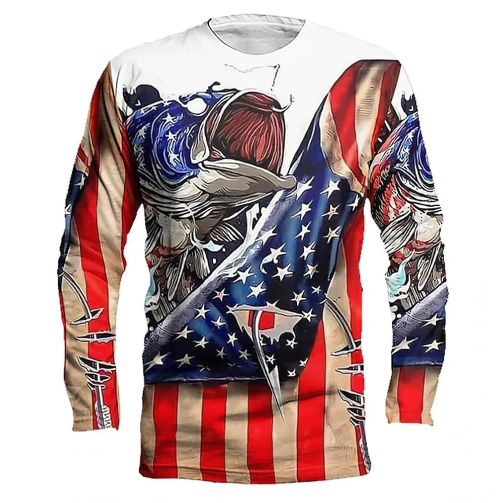 Men's grey pullover sweater with a detailed all-over fish print, featuring a round neck and long sleeves.