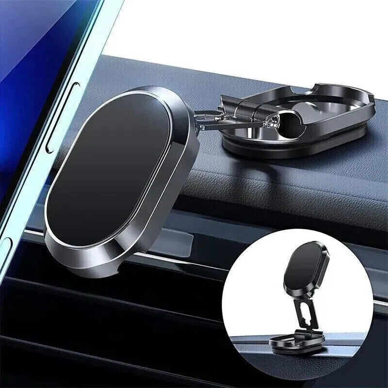 Chrome folding magnetic car phone holder with 360-degree swivel on car dashboard
