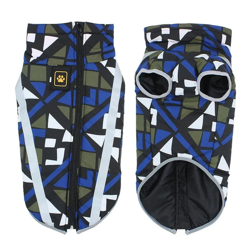 Thick reflective dog jacket in geometric blue pattern on a large dog