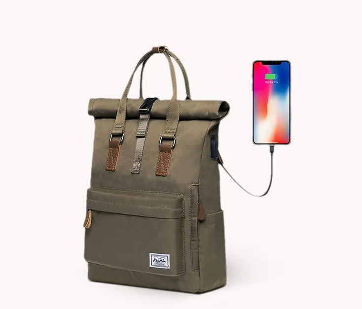 Polyester casual backpack with cover opening showing internal computer and zipper pockets