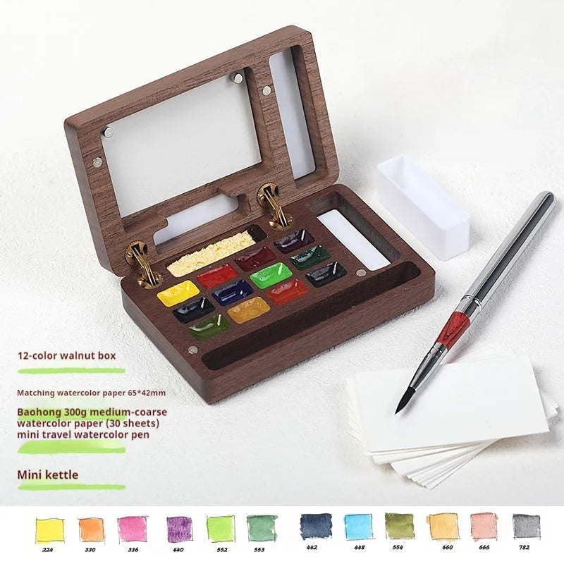 Mini walnut wooden watercolour paint box with professional pigment selection options