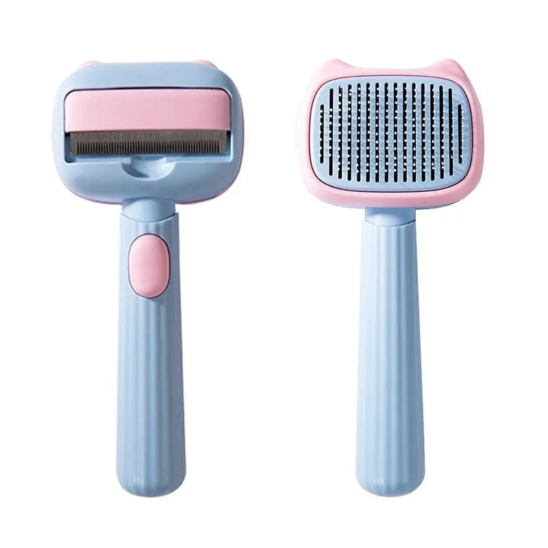 Blue dual-sided deshedding brush and dematting comb for large dogs and cats on a white background.