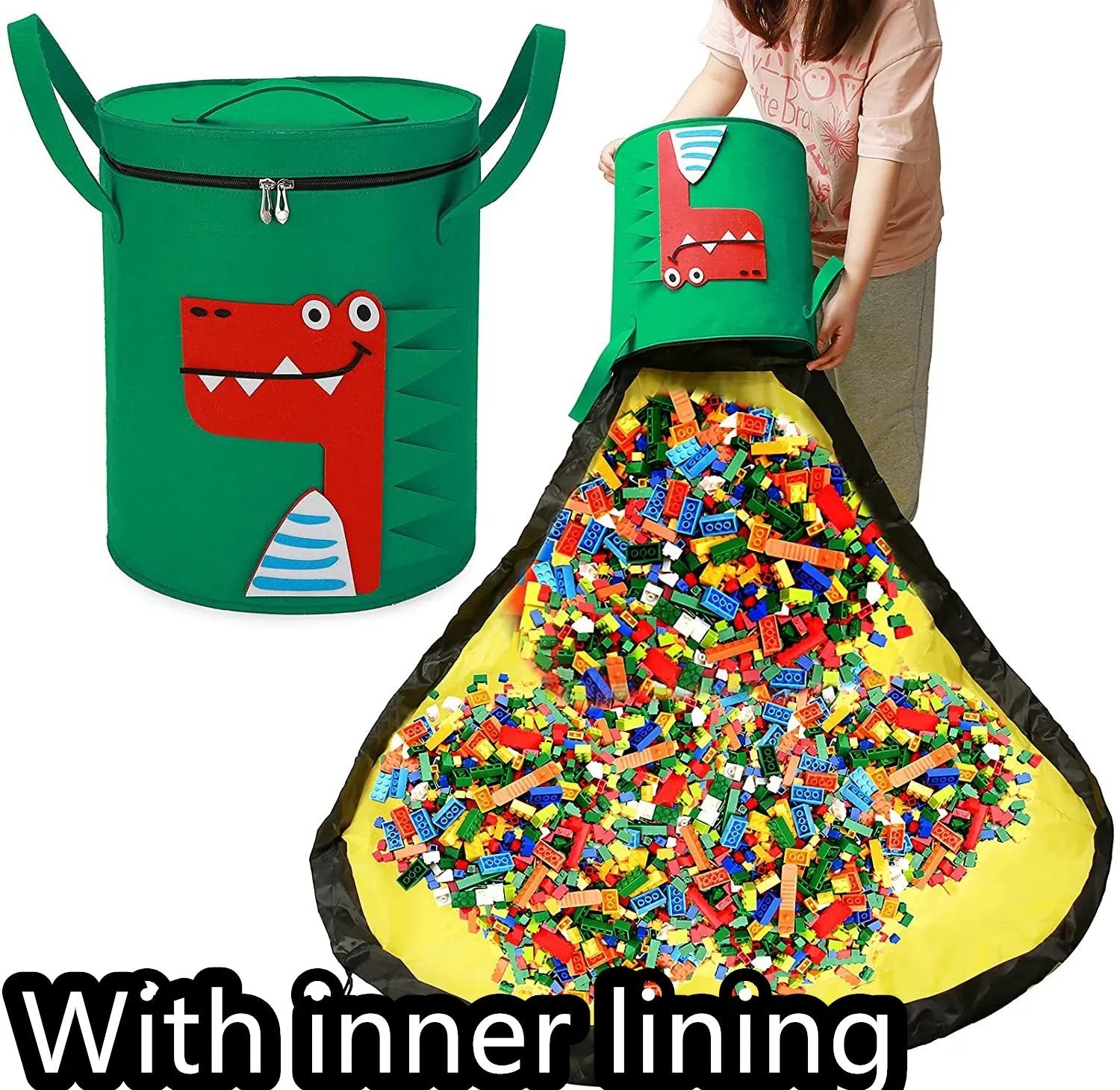 Green felt cube storage bag open as play mat with pull rope closure for toy organisation