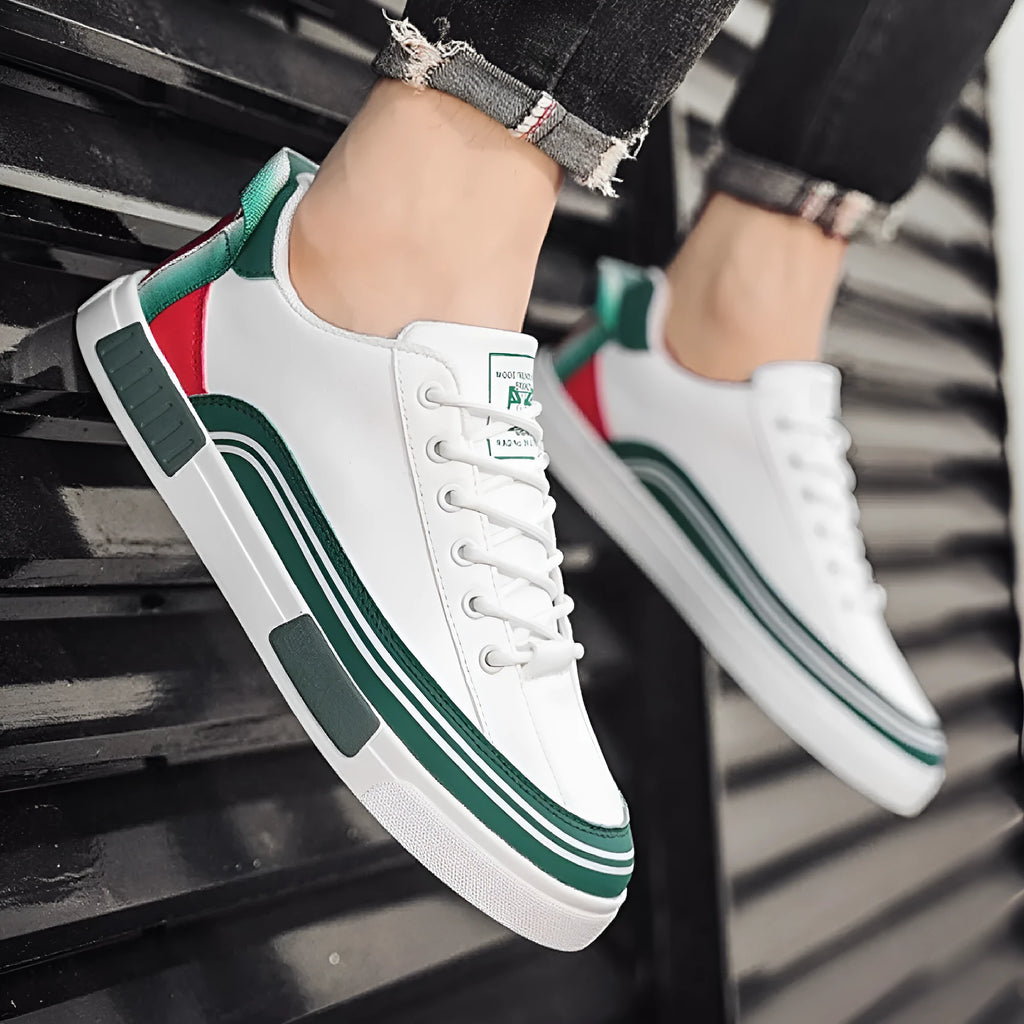 Men's beige and white green canvas casual shoes with breathable mesh panels and round toe flat heel design
