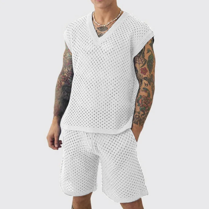 Men's blue knitted V-neck vest and shorts summer sports suit set