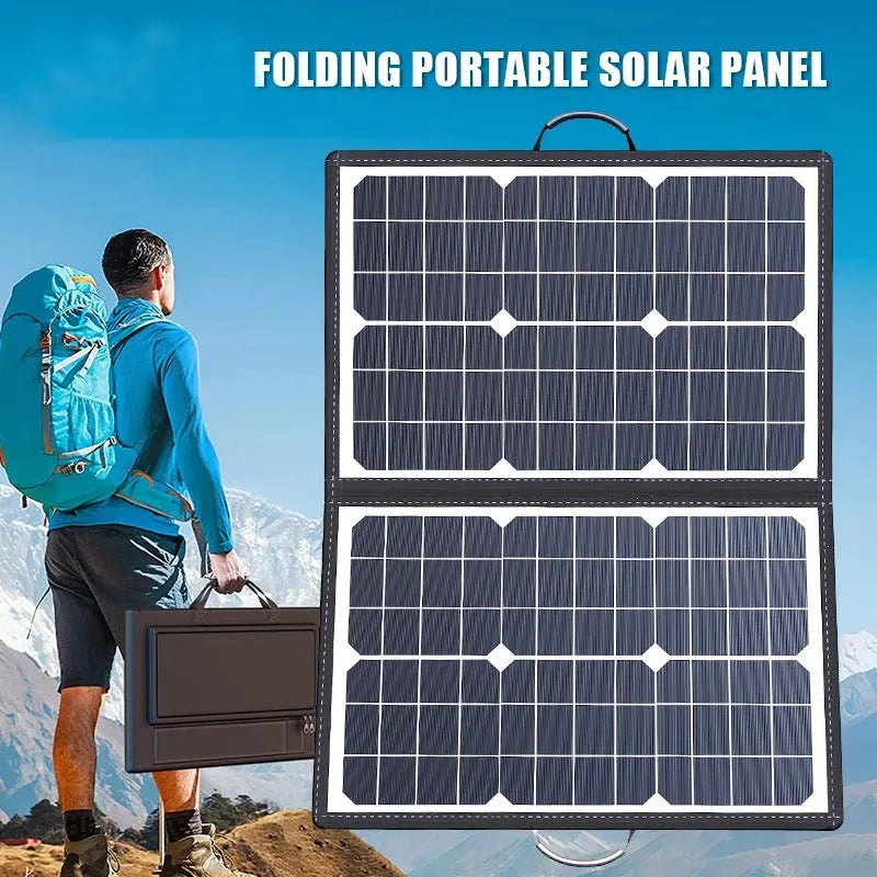 Black 40W single crystal solar panel folded in carrying bag with dimensions 425x285x8mm