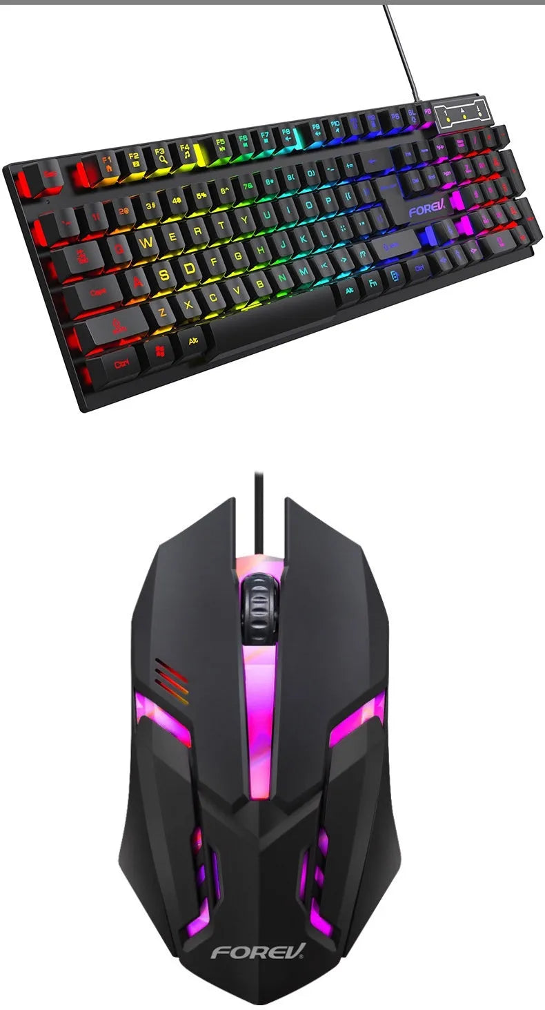 Black 104-key mechanical gaming keyboard with backlight and optical mouse on desktop