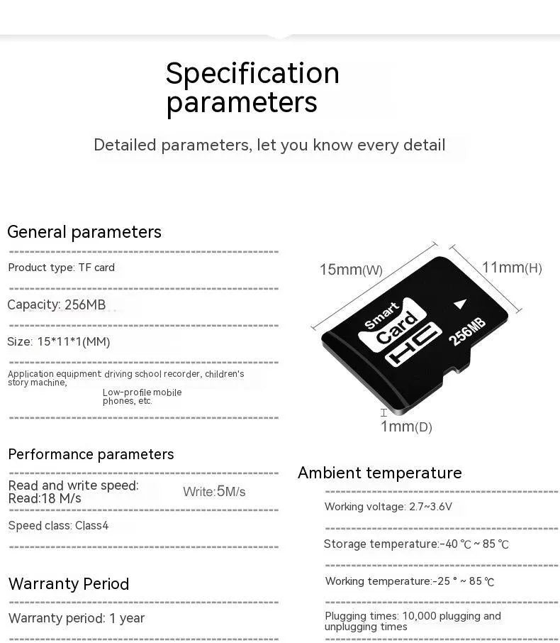 256MB TF format memory card with compact dimensions, presented in packaging.