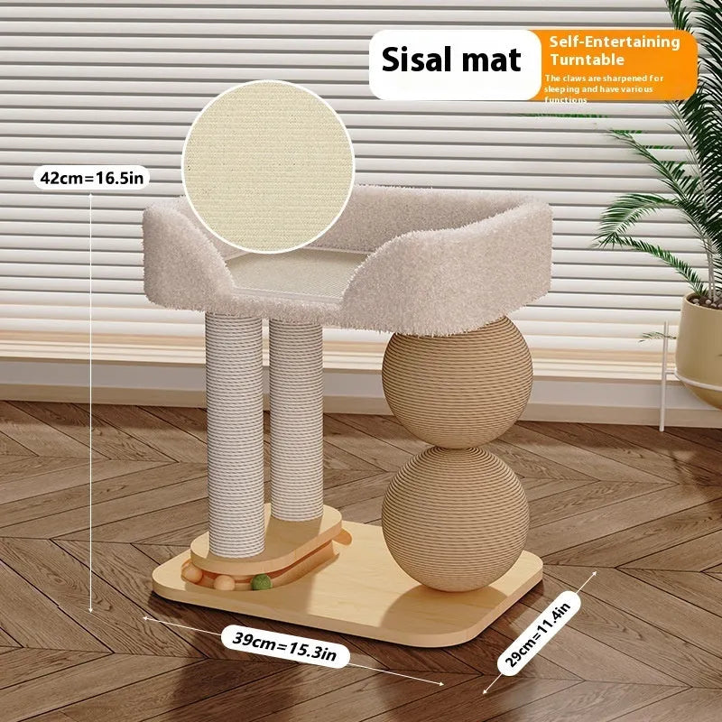 Pine wood cat nest with dual column double grasping balls in sisal style