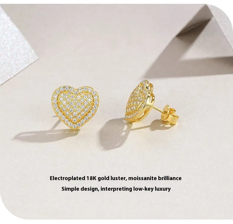 Golden S925 silver heart-shaped stud earrings with moissanite stones