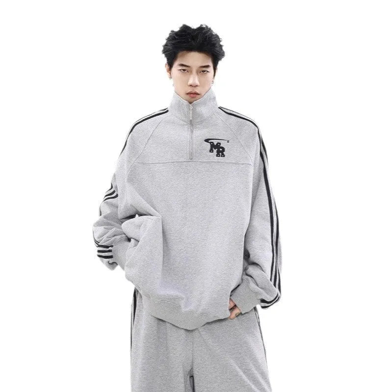 Black Hong Kong style retro sports hoodie with stand collar and long sleeves