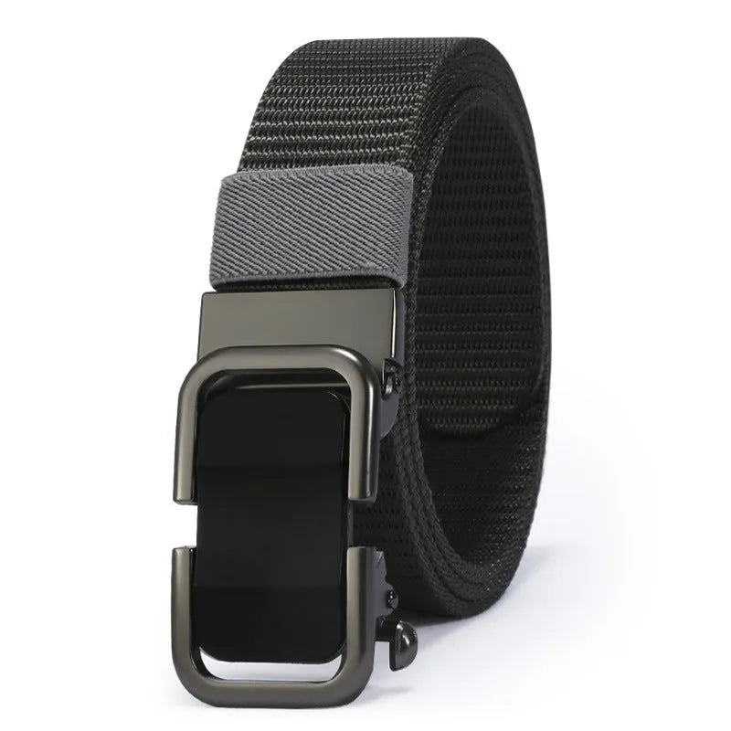 Toothless nylon canvas men's belt with alloy buckle shown in multiple colour options