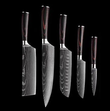 Kitchen chef knife with laser Damascus pattern on 7CR17 stainless steel blade and colour steel handle