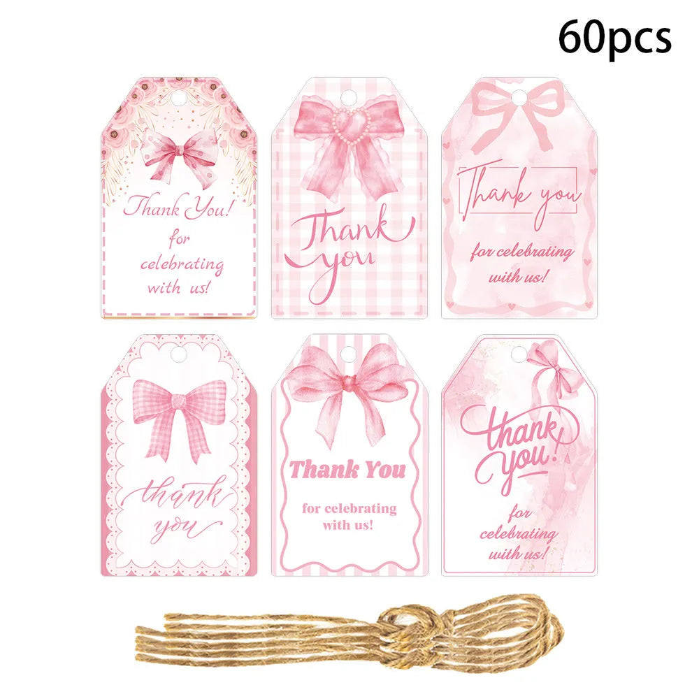 60 birthday party gift tags with bowknot designs in three styles including hemp rope