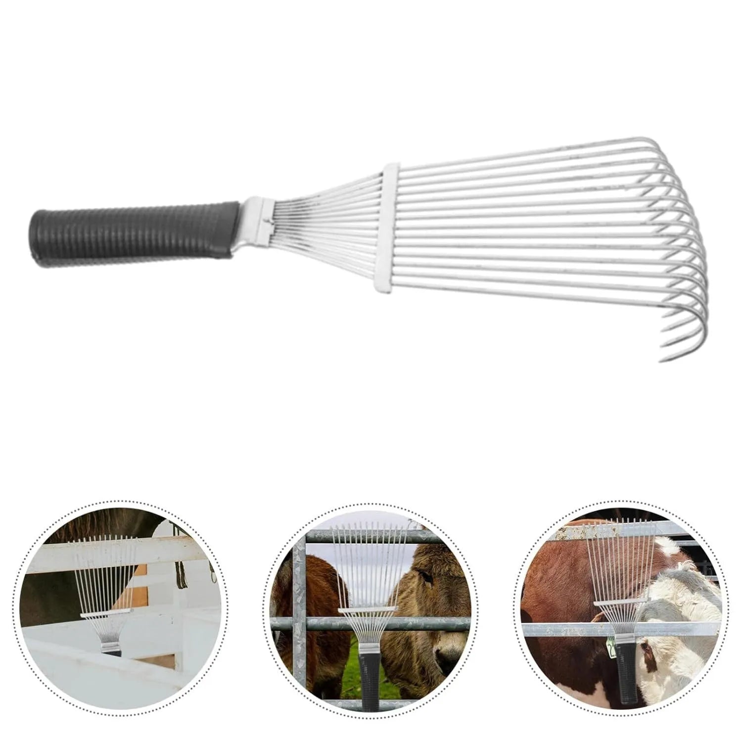 Stainless steel dematting brush rake comb for grooming horses and pets.