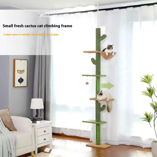 Tall solid wood cat climbing frame with integrated scratch board, high cat nest, and hidden toy compartment.