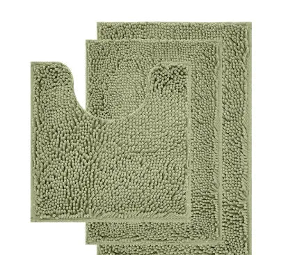 Chenille bathroom carpet three-piece set showing U-shaped toilet mat and two rectangular rugs in green.