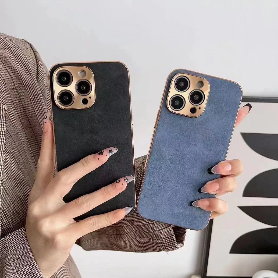 Leather texture TPU phone case for iPhone in solid black, blue, grey, and grey-green colours.