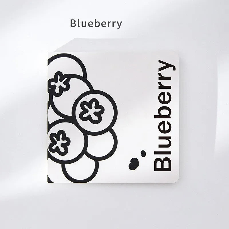 Square notebook with colour embossed fruit cover or white design, showing 14.5cm sides and 80g paper pages.