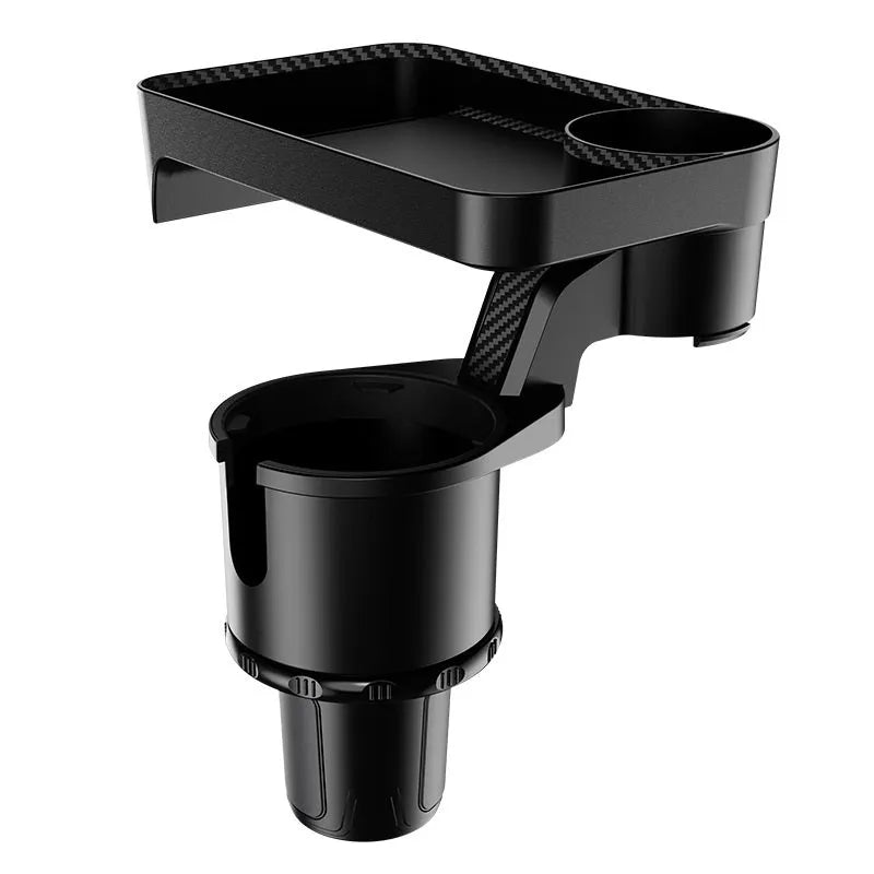 Black ABS plastic 360-degree rotating car dinner tray holder mounted in a vehicle cup holder.