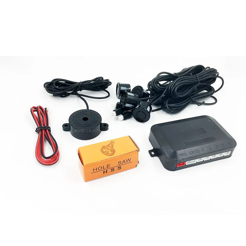 4-probe car reversing radar kit with sensors, command module, and installation tools