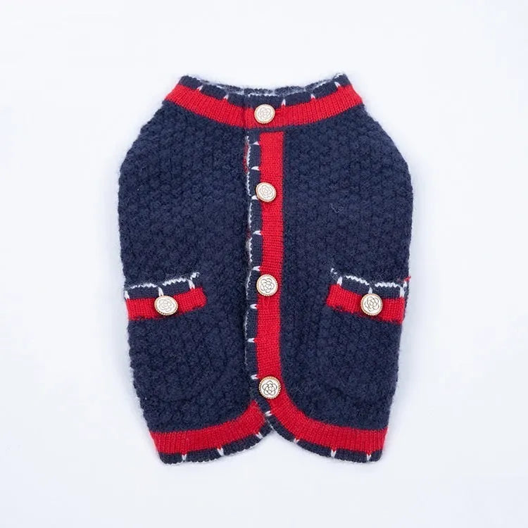Classic style Bejirog wool sweater cardigan pet clothes in blue, princess style, front view