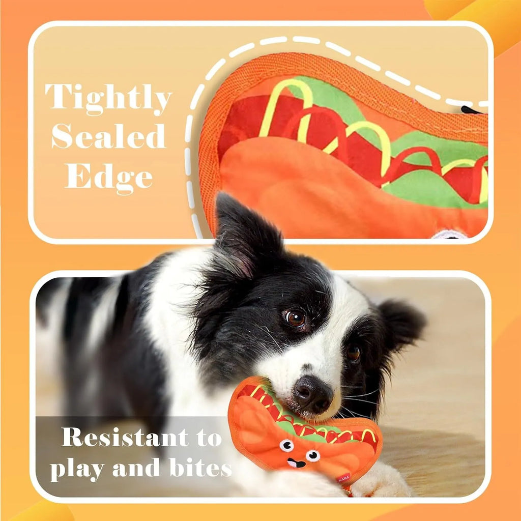 Hamburger-shaped dog chew toy in vivid colours showing crinkle and squeak features for interactive play.