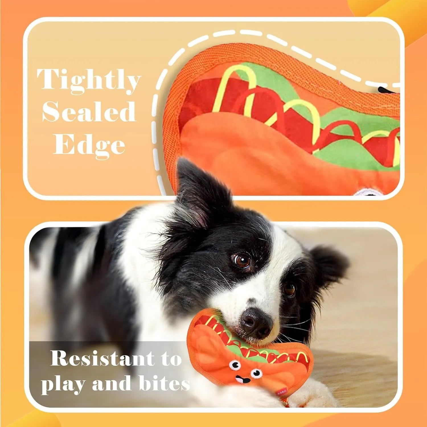 Hamburger-shaped dog chew toy in vivid colours showing crinkle and squeak features for interactive play.